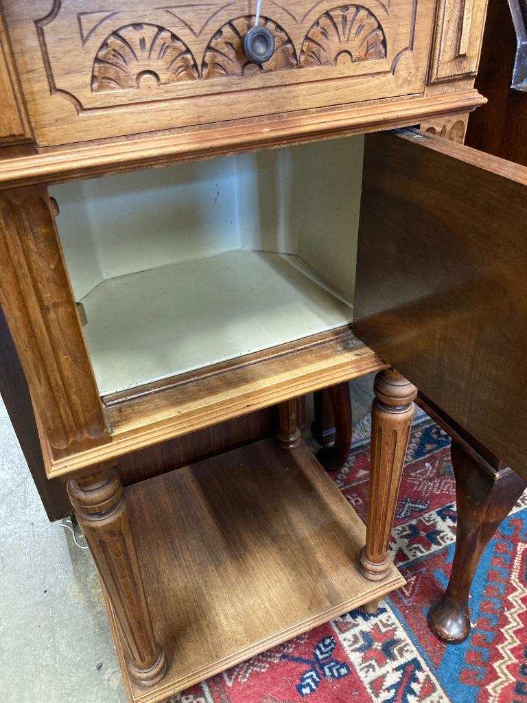 An early 20th century French marble top two tier bedside cabinet, width 42cm, depth 36cm, height 84cm